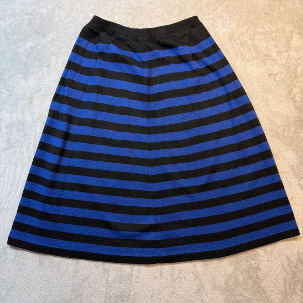 Vintage Striped Knit Midi Skirt Blue Black A-Line Retro Mod Queen Casuals Size M